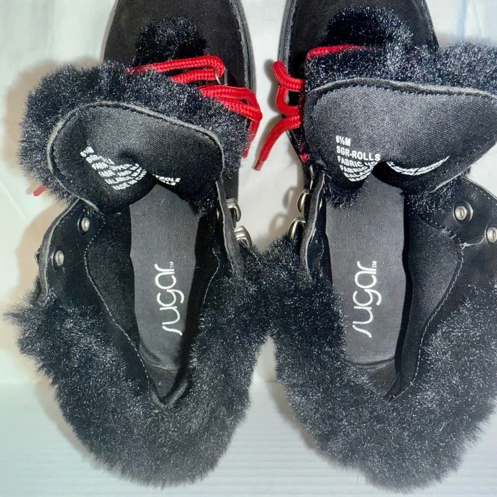 Sugar Black Red Women's Hike‎ Winter Fashion Boots Faux Fur Sz 6.5 Like New